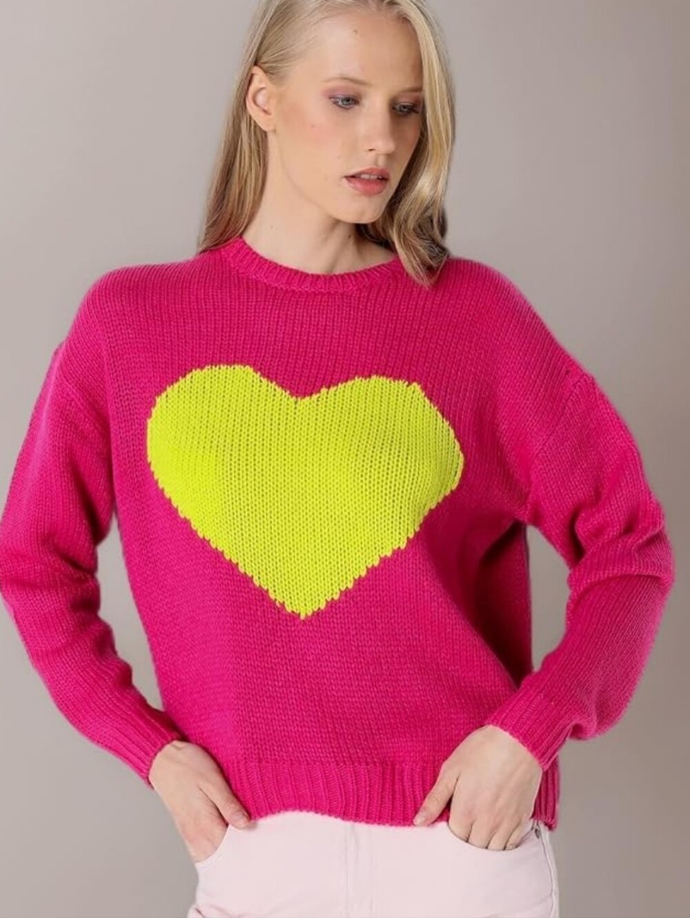 Vince Camuto Hot Pink Crewneck Sweater with Yellow Heart